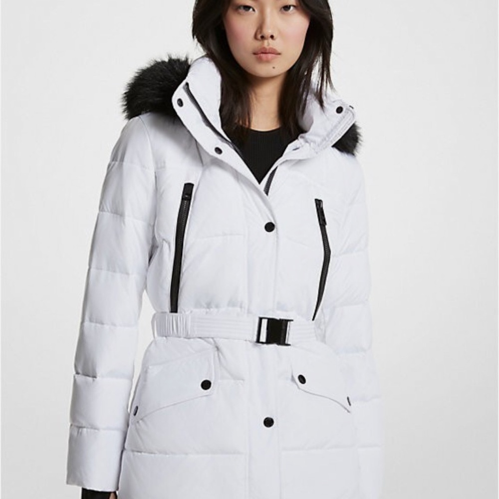 Michael Kors White and Black Puffer Jacket with Faux Fur Hood